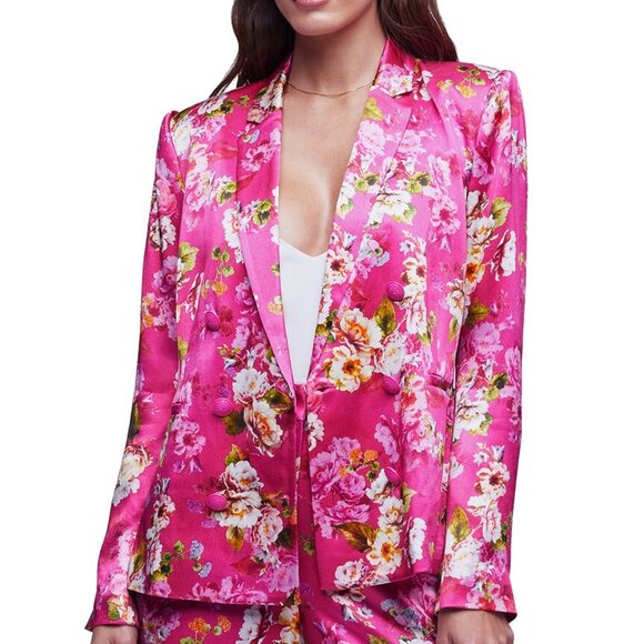 $695 Sz 4 L'AGENCE Colin Floral Double-Breasted Satin Cabaret Pink Blazer - Picture 1 of 9